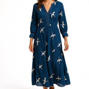 Tuckernuck Nimo With Love Azurite Dress Crane Blue Dotty Embroidered Birds Small